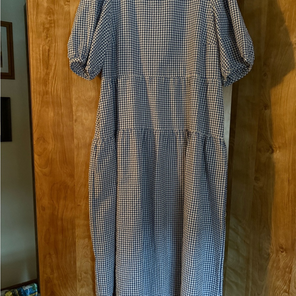 Old Navy Blue and White Gingham Tiered Midi Dress